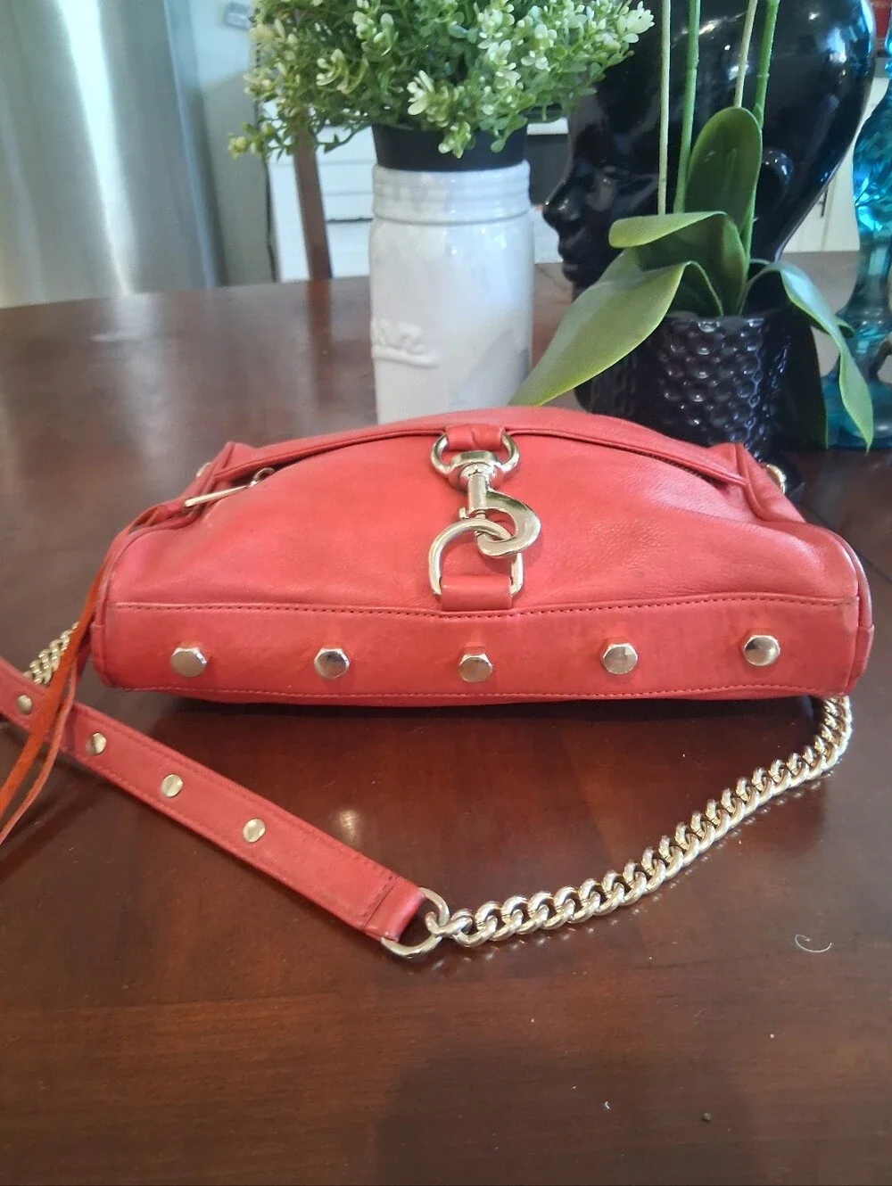 Rebecca Minkoff Coral-Red Leather Crossbody with Gold Chain
